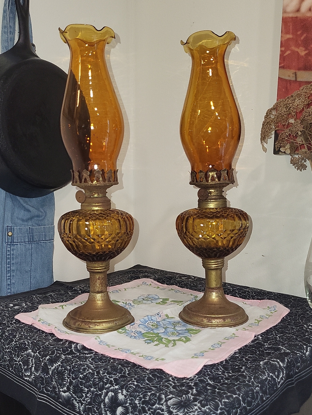 RARE FIND ** 1960's Amber Glass Hurricane Lamp Pair —